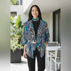 Chicos Paisley Linen Drape Jacket Size 1 US M Open Front 3/4 Sleeves Lagenlook